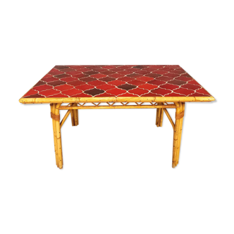 Vintage rectangular dining table in rattan and ceramic from Vallauris 50s 60s