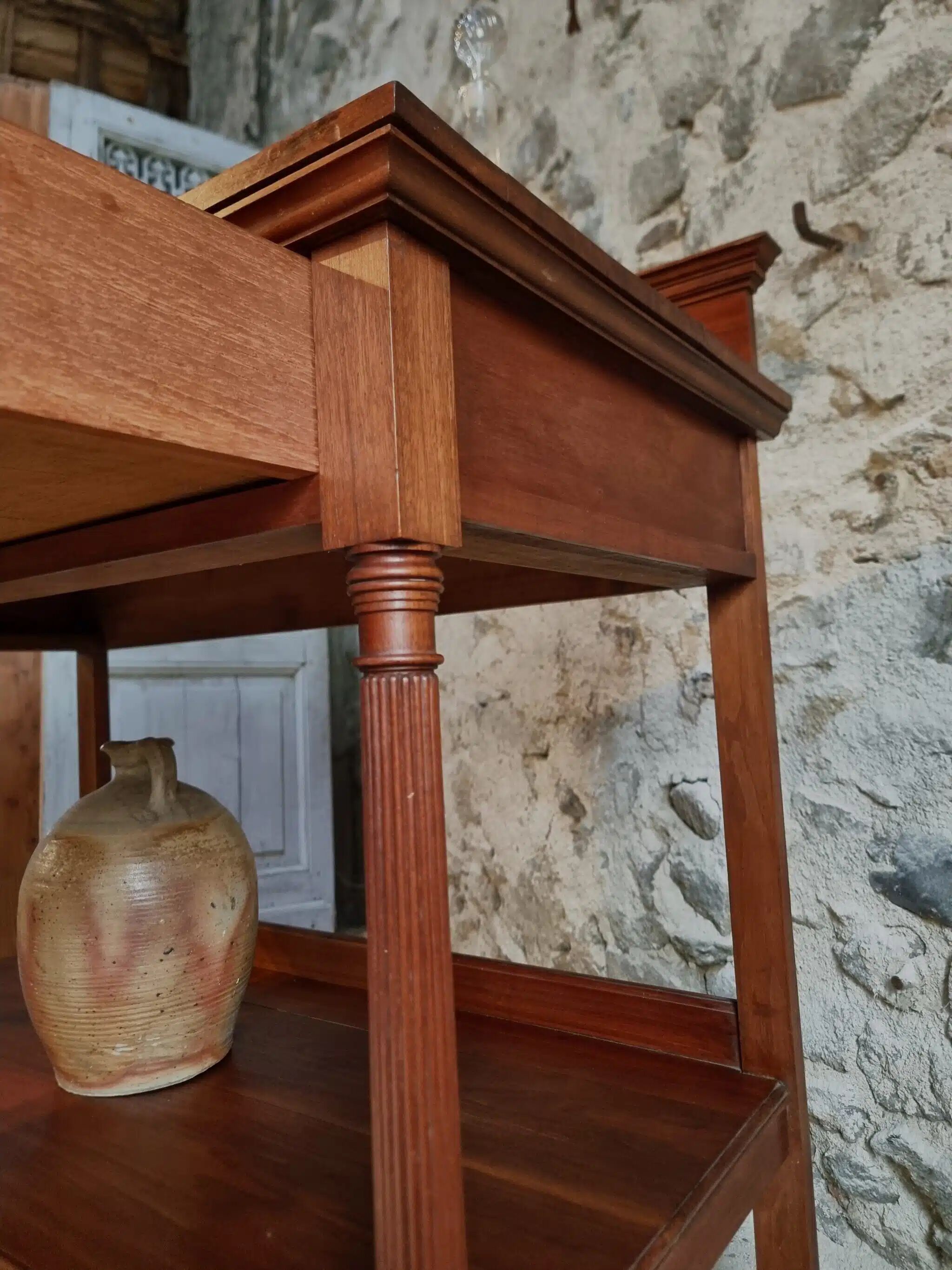 Antique mahogany console with drawer and shelf, French serving table, circa 1900.