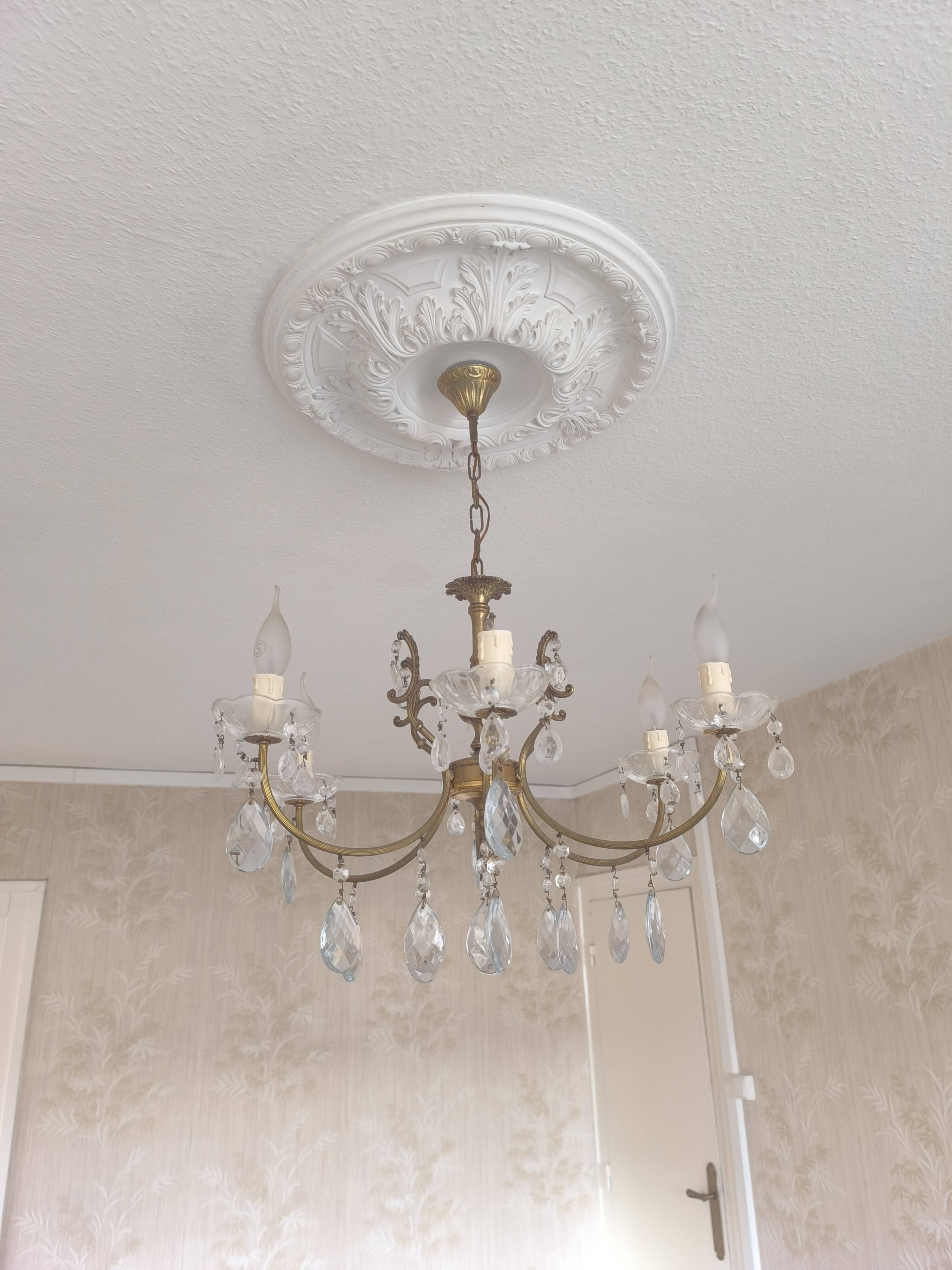 Vintage brass and crystal pendant chandelier with 6 lights
