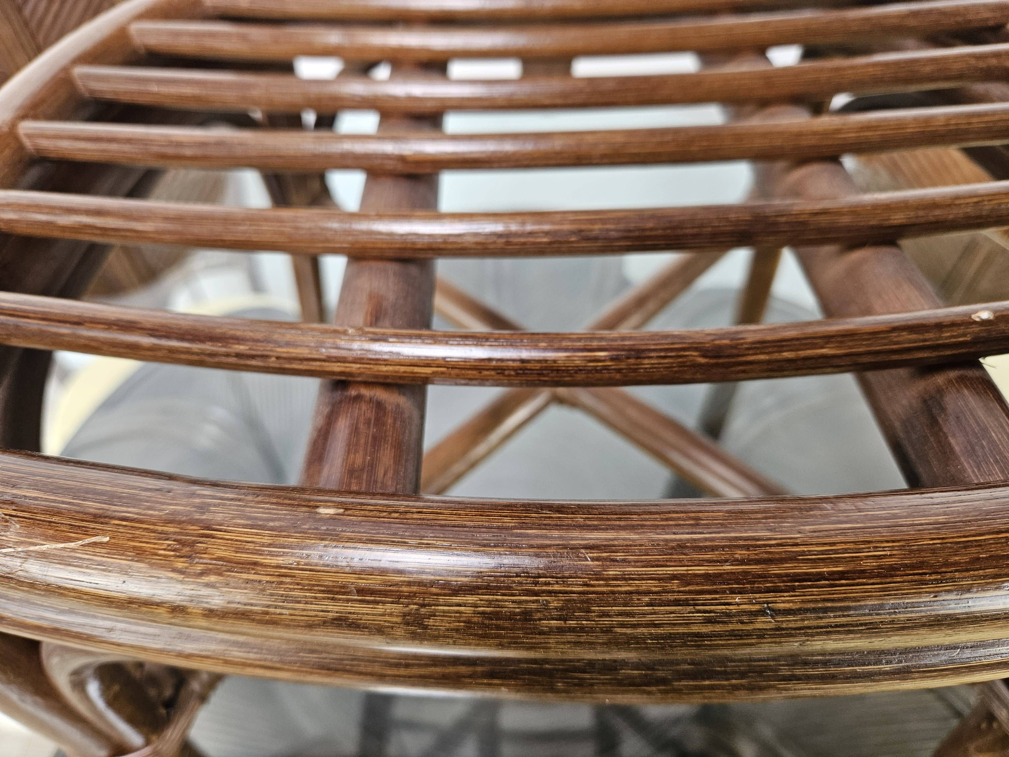 Ensemble table et quatre chaises en osier et bambou par Vivai Del Sud, 1970
