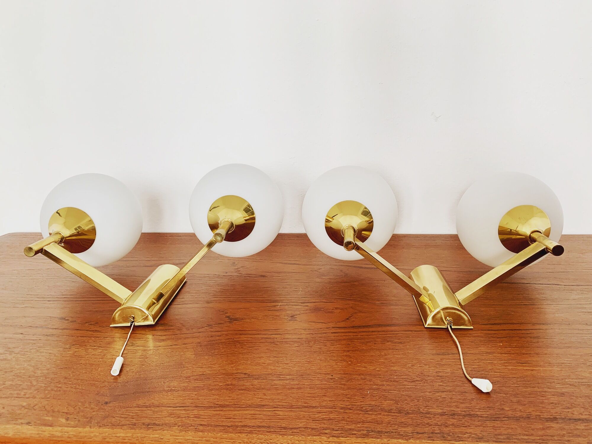 Set of 2 brass and opaline glass Sputnik wall lamps by Kaiser Leuchten
