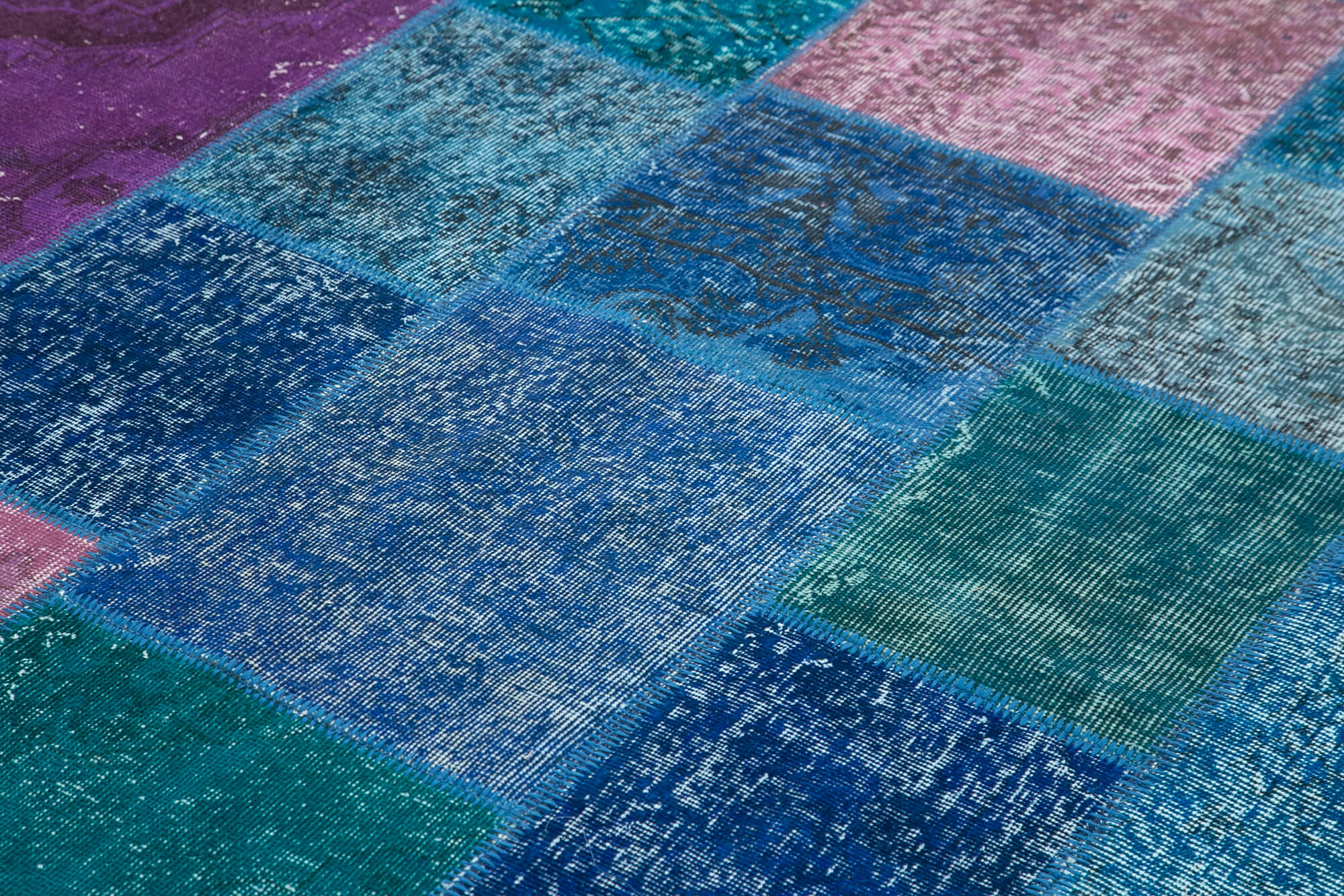 Handwoven anatolian contemporary 204 cm x 300 cm blue patchwork carpet