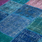 Handwoven anatolian contemporary 204 cm x 300 cm blue patchwork carpet
