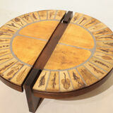 Round coffee table herbarium Roger Capron, Vallauris - ceramic and wooden structure