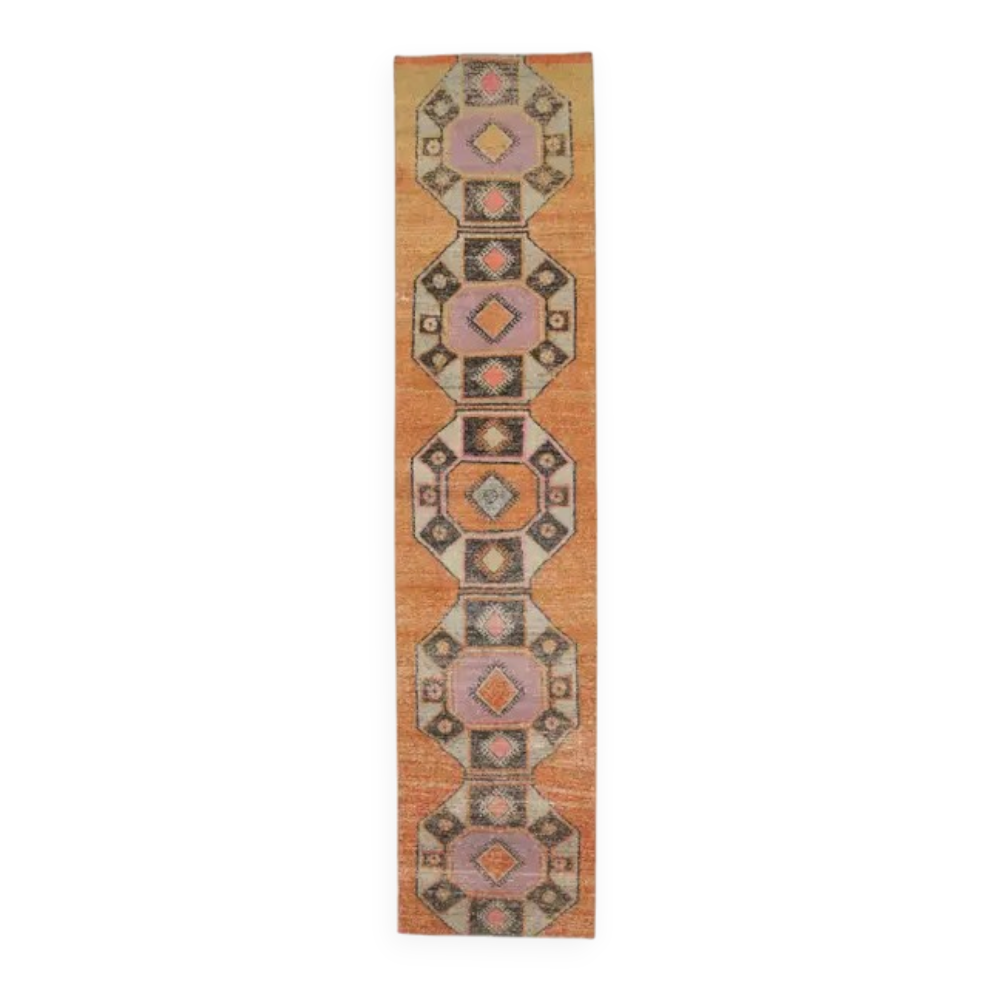 Tapis couloir vintage turc Oushak fait à la main en laine et coton orange 75x330