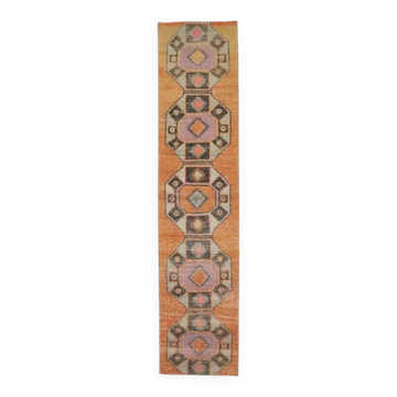 Tapis couloir vintage turc Oushak fait à la main en laine et coton orange 75x330