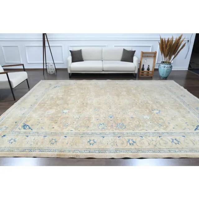 1970s Vintage Persian Handmade Wool Cotton Yellow Area Rug 280x381