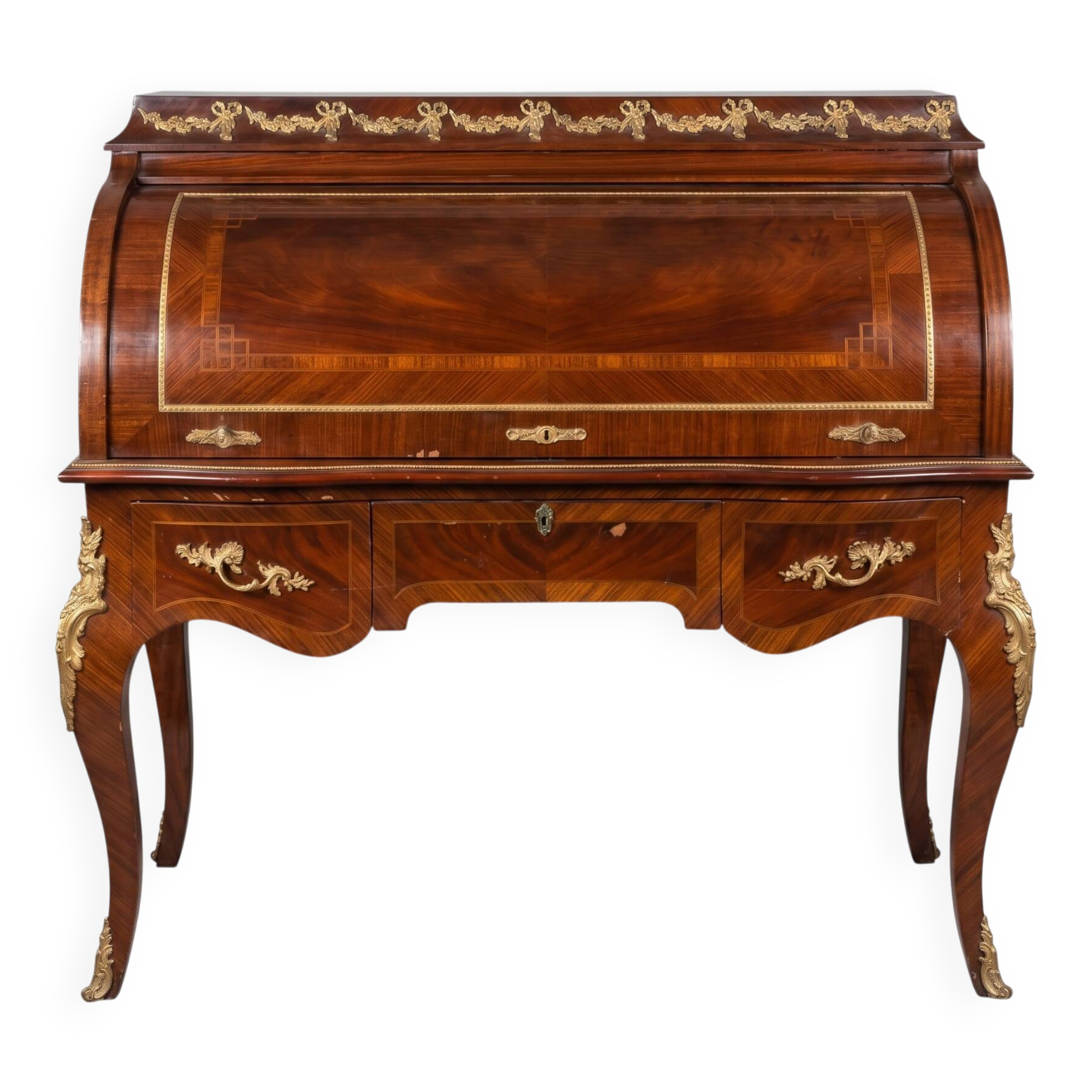 Louis XV cylinder desk with marquetry and bronze.
