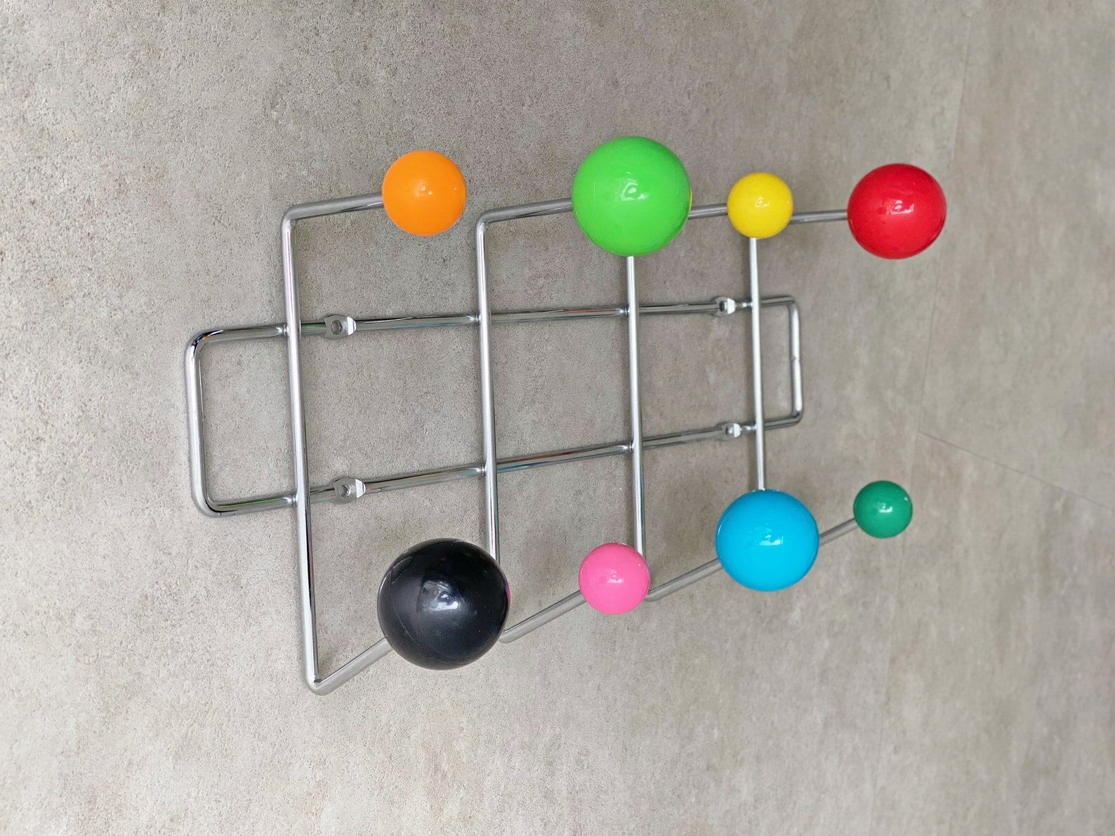 Colourful vintage wall mounted sputnik coat rack, Space Age atomic design