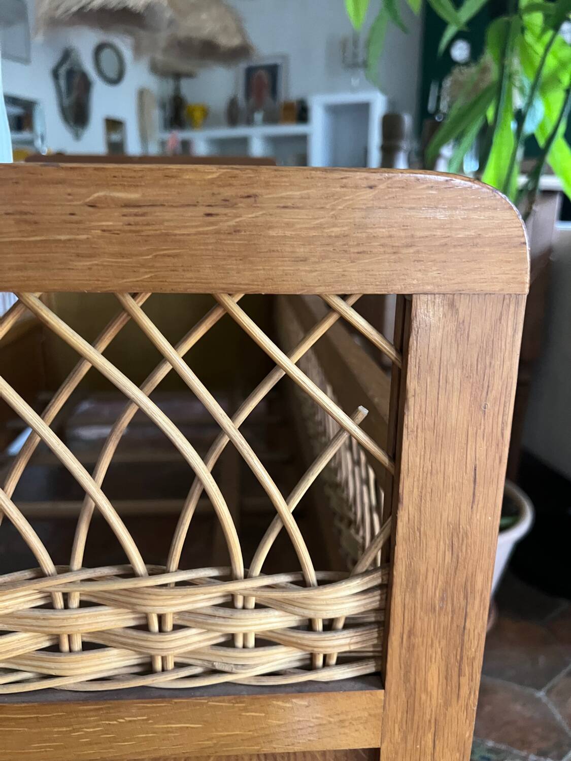 Vintage bed in wood and caning – 1950s/60s, signed workshop