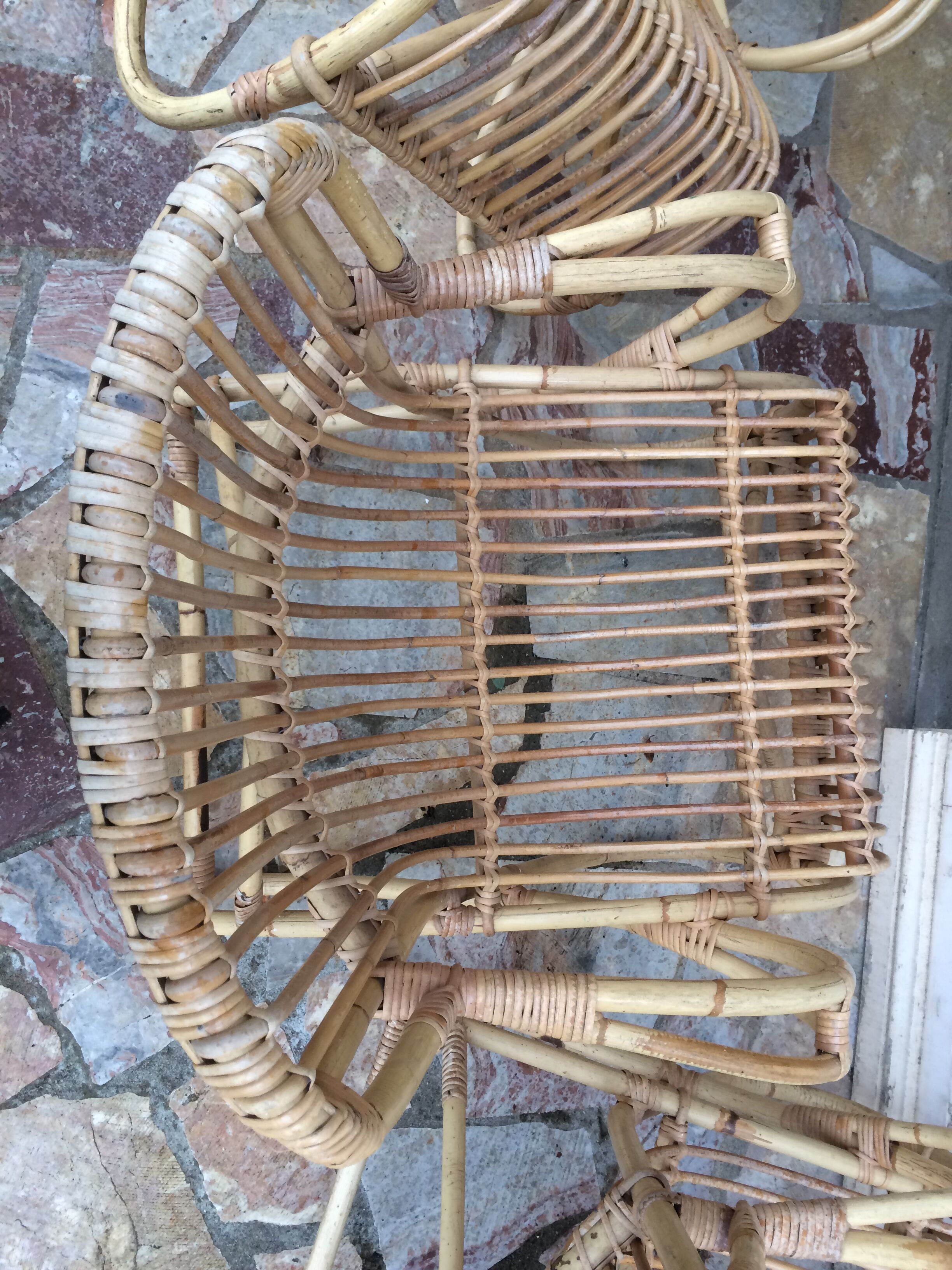 Lounge or garden table and 4 vintage wicker and rattan chairs 60s