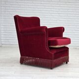1970s, Danish armchair, red furniture velour, ash wood.