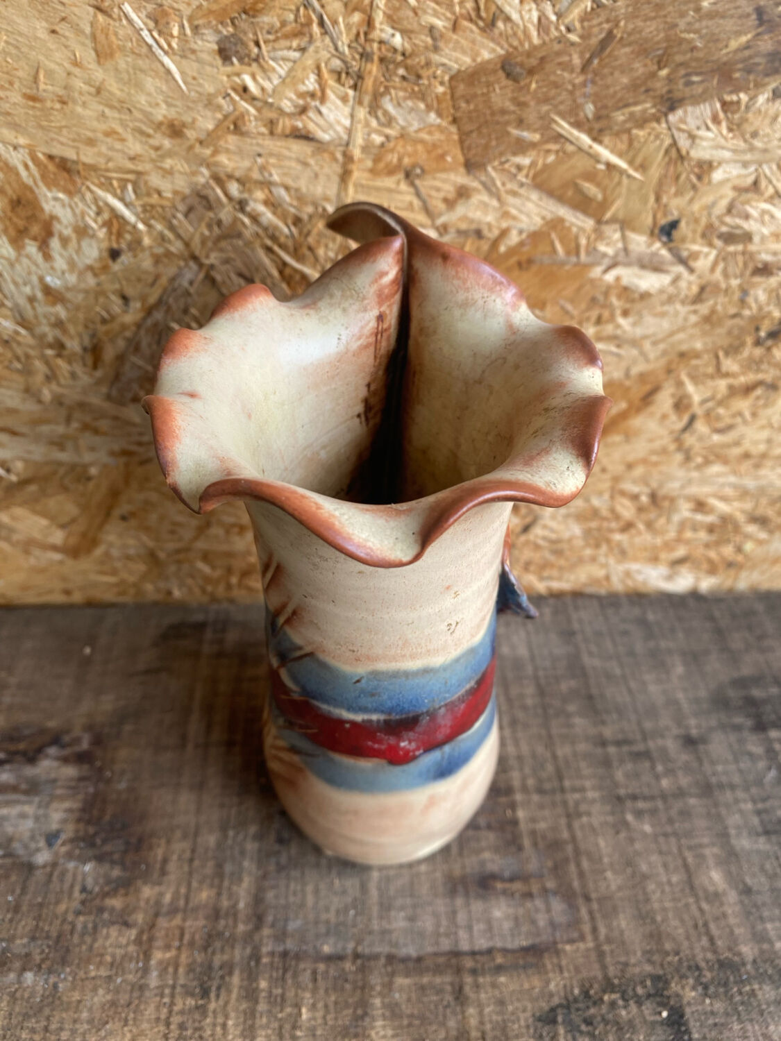 Vintage Beige Glazed Terracotta Vase with Relief Flower Decoration