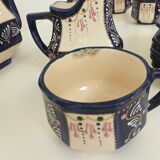 Art deco tea set in cream and blue faience signed. HB de la Hubaudière, Quimper. Around 1930