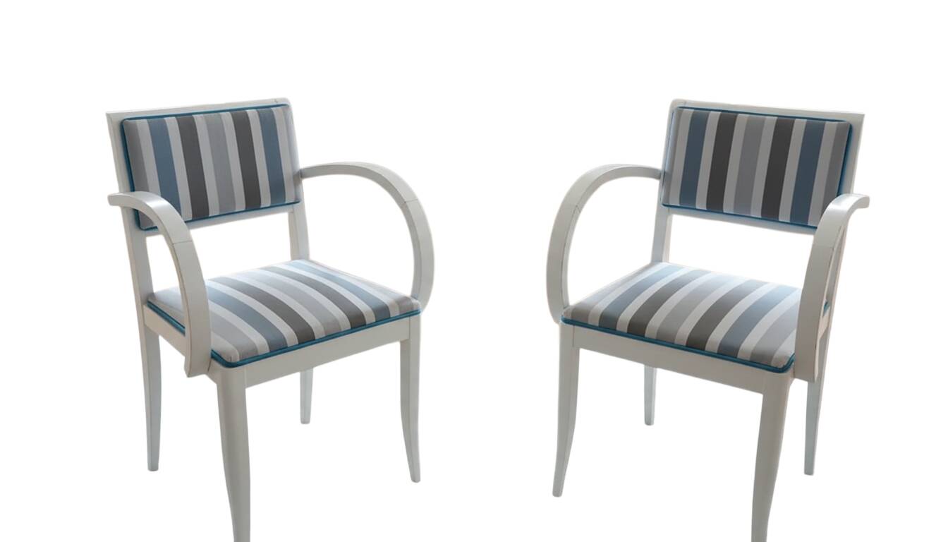 Pair of Vintage Art Deco Style Armchairs - White Wood and Striped Fabric