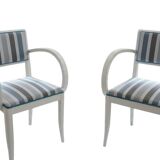 Pair of Vintage Art Deco Style Armchairs - White Wood and Striped Fabric