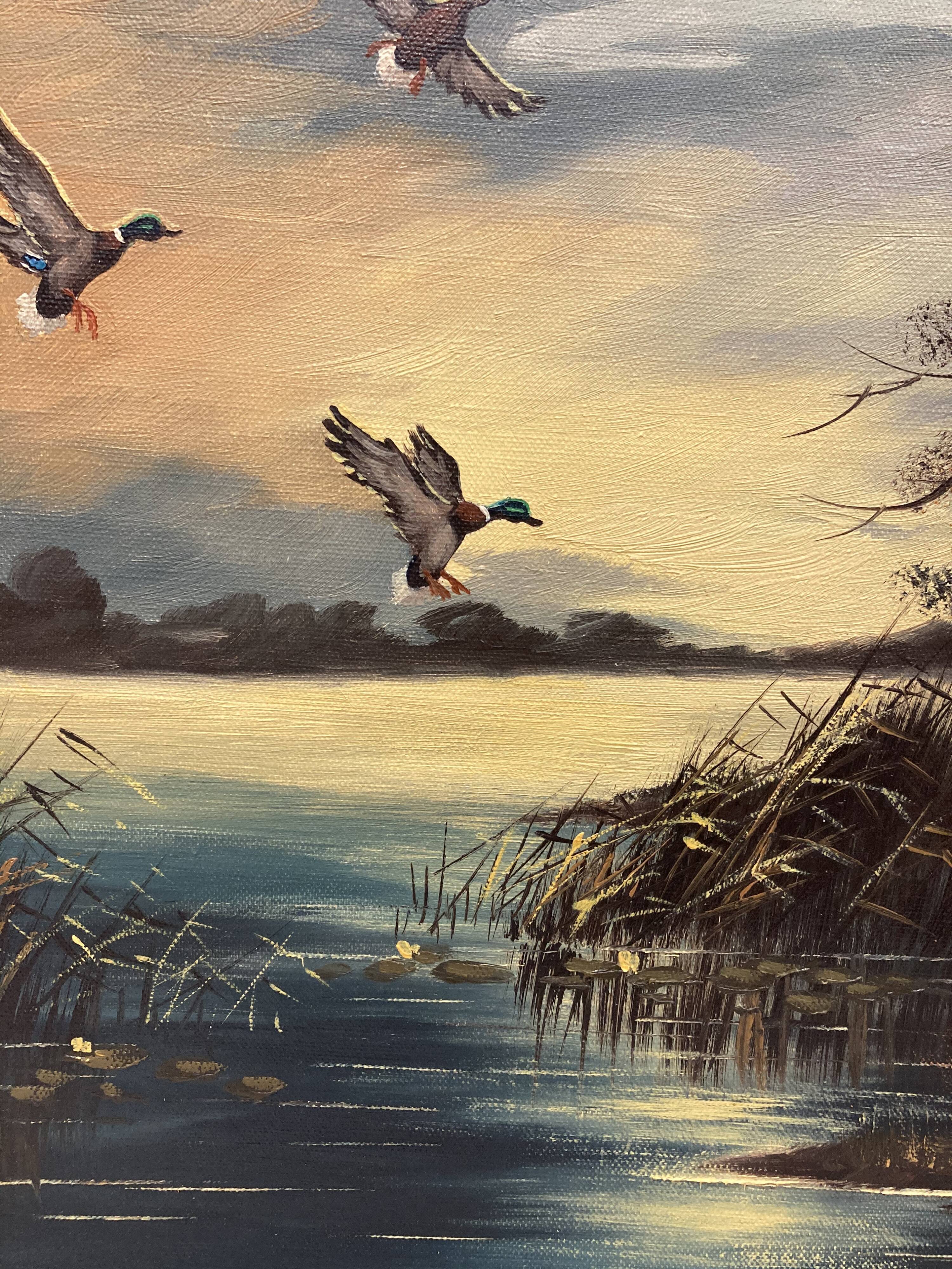 Oil on canvas sunset at the water's edge