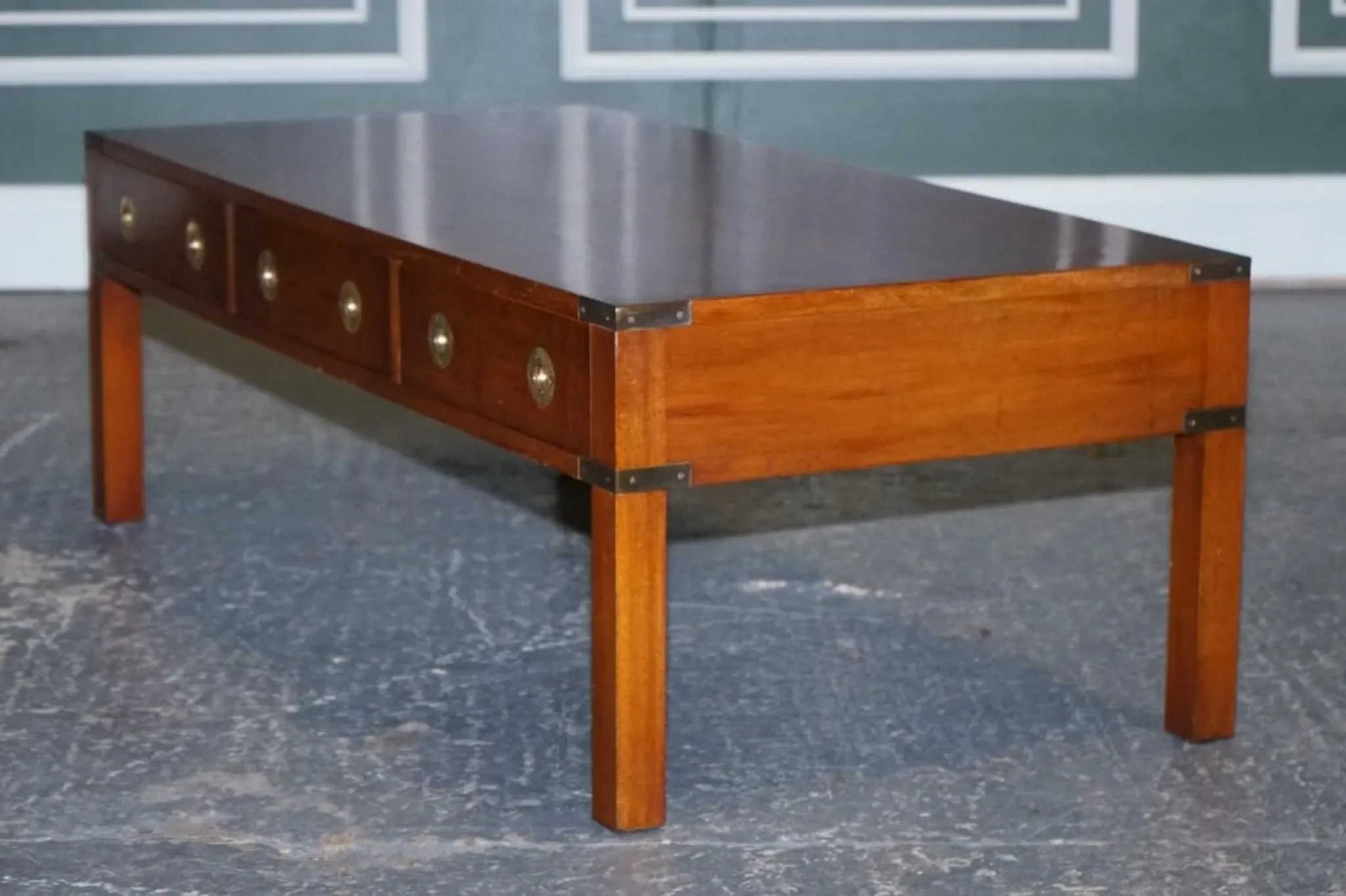 Coffee Table with 3 Drawers Military Campaign in Yew Wood, Elm and Brass, 1950s