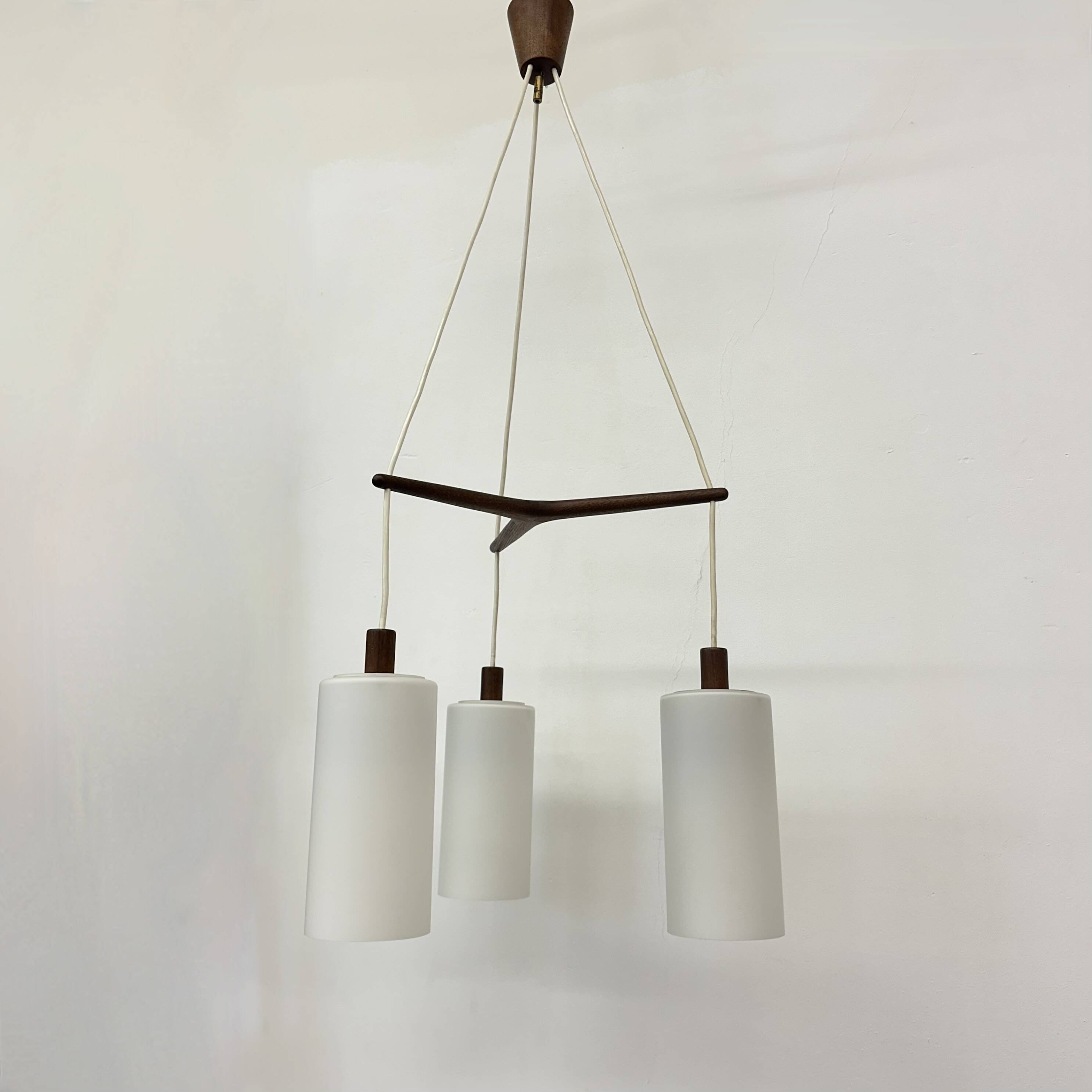 Mid-century design pendant lamp teak and opaline glass , 1970s