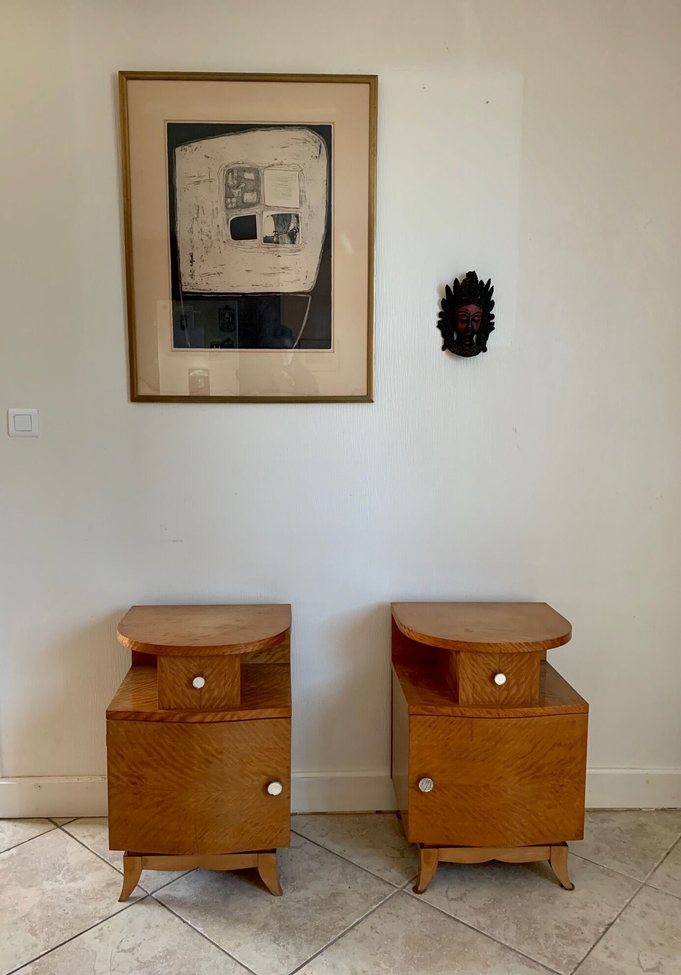 Pair of art deco bedsides in lemon tree magnifying glass