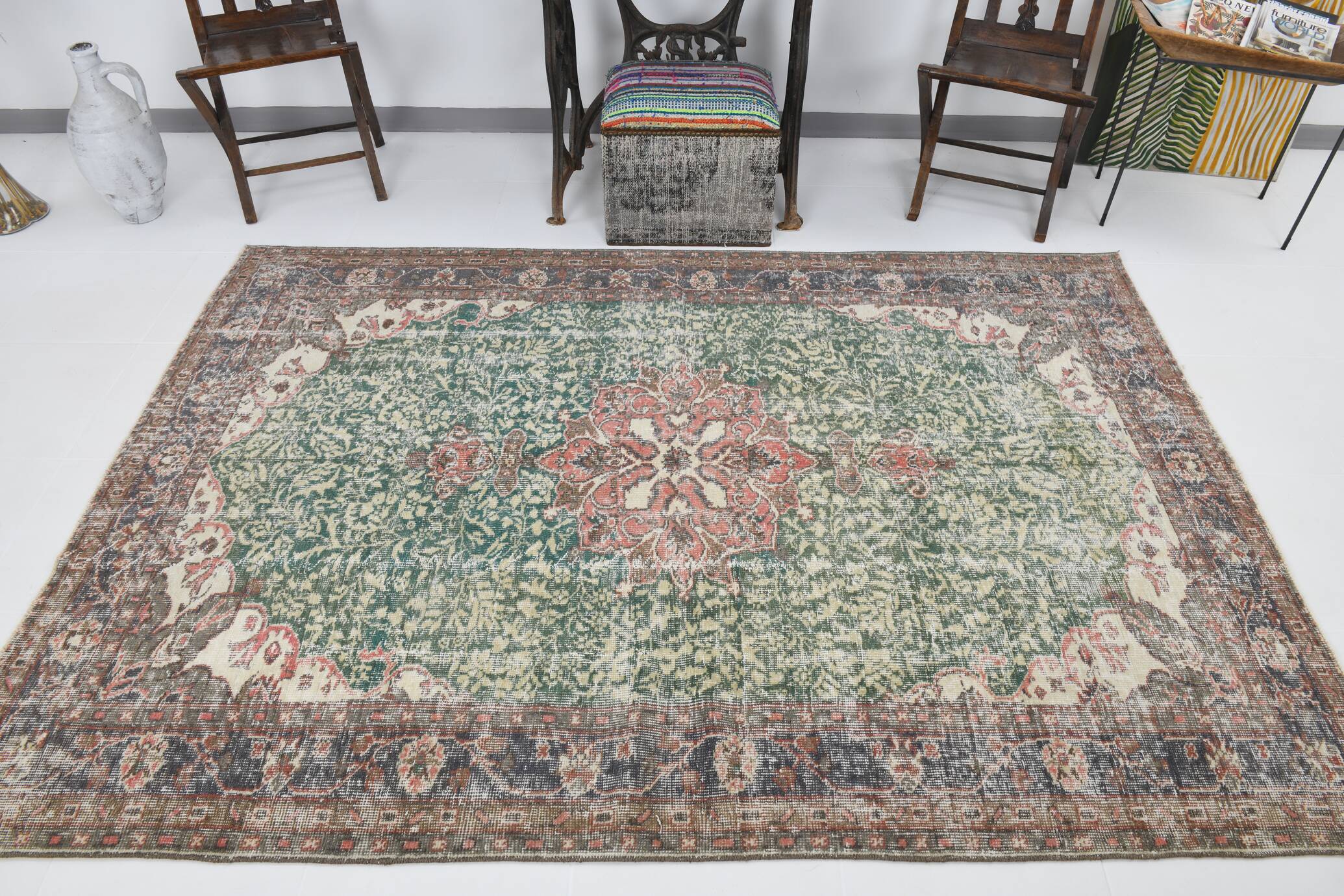 Green Beige Medallion vintage turkish Rug, hand made vintage carpet