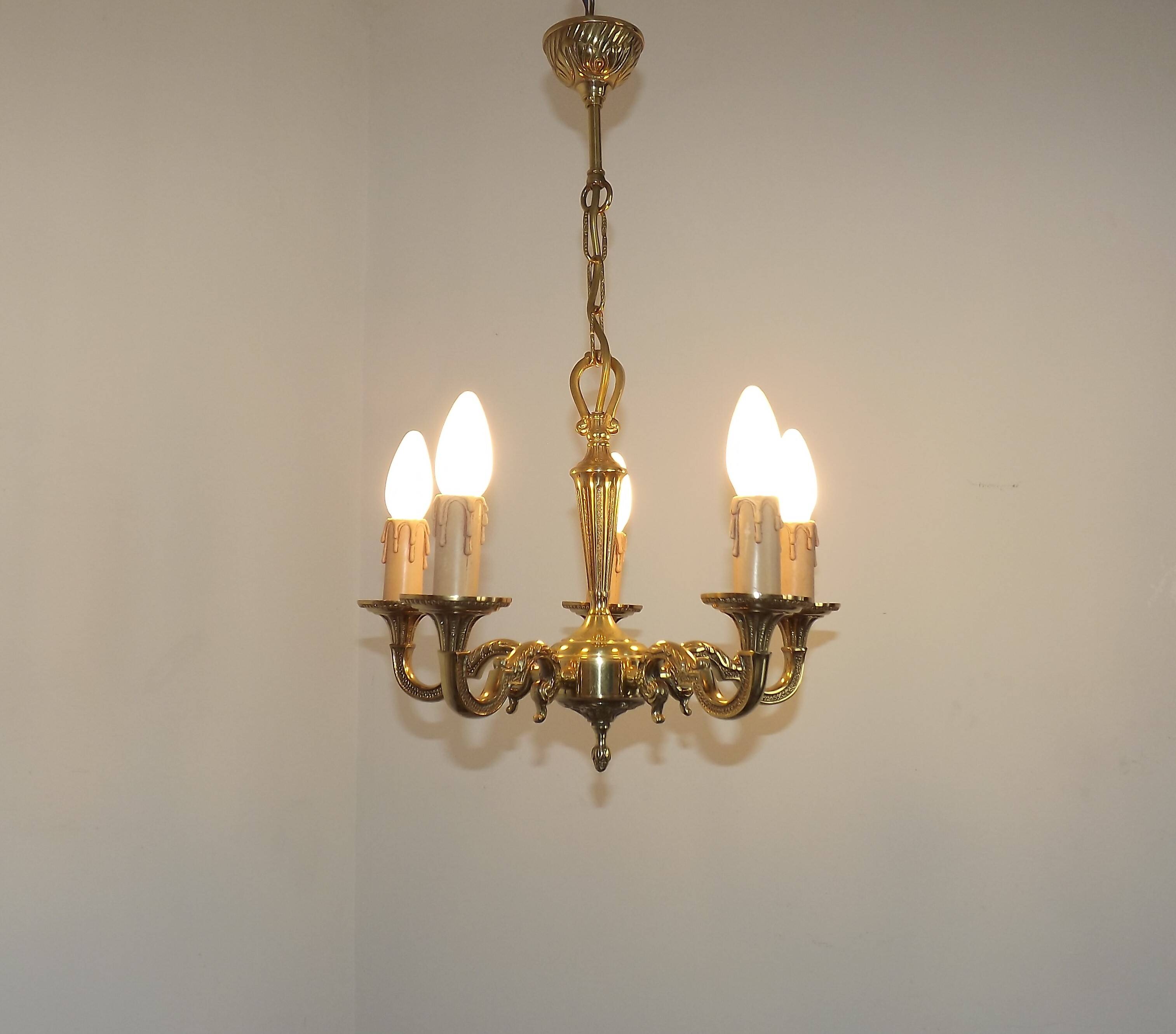 French Vintage 5 Light Quality Brass Chandelier with Scroll Acanthus Arms 5452
