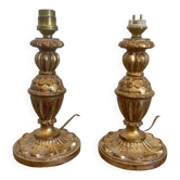 Ancien Paire Pied Lampe Bois Doré Chandelier Bougeoir 19ème XIXème