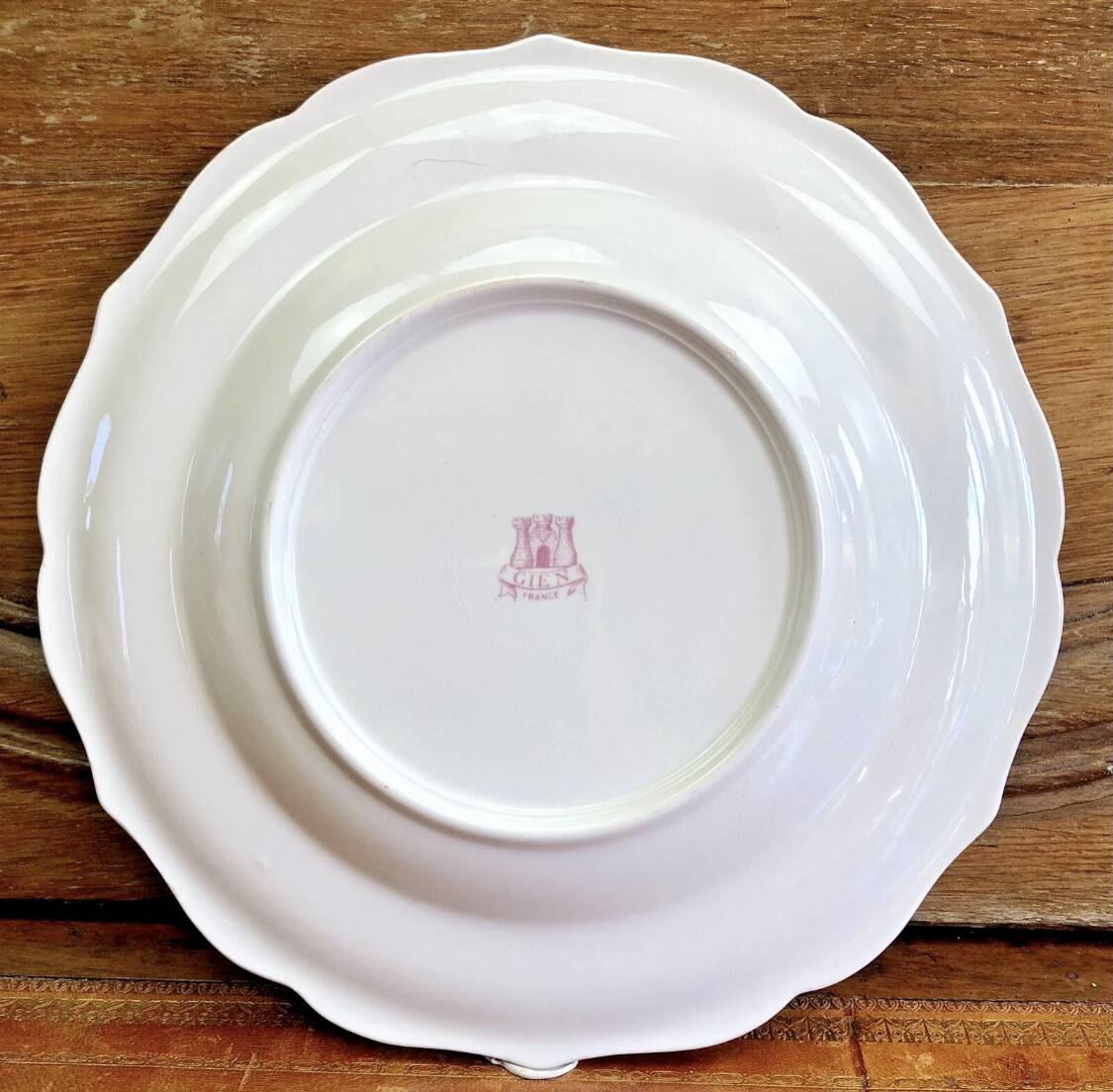 4 old Gien soup plates, pink landscape pattern, 1938/1960