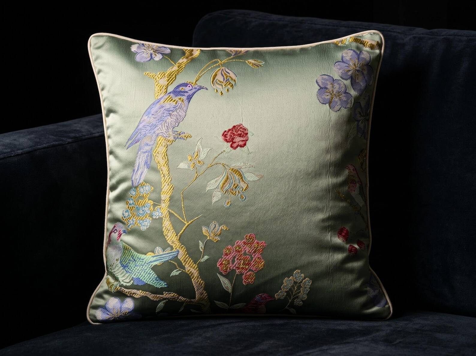 Handmade Satin Chinoiserie Bird Cushion, Cream Piped Botanical Pillow