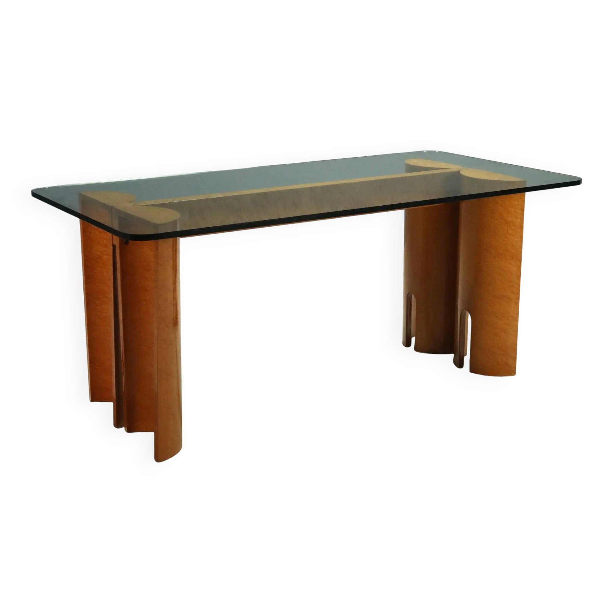Vintage table in burl wood and glass, Italian design, 1970s.