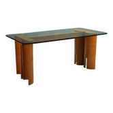 Vintage table in burl wood and glass, Italian design, 1970s.
