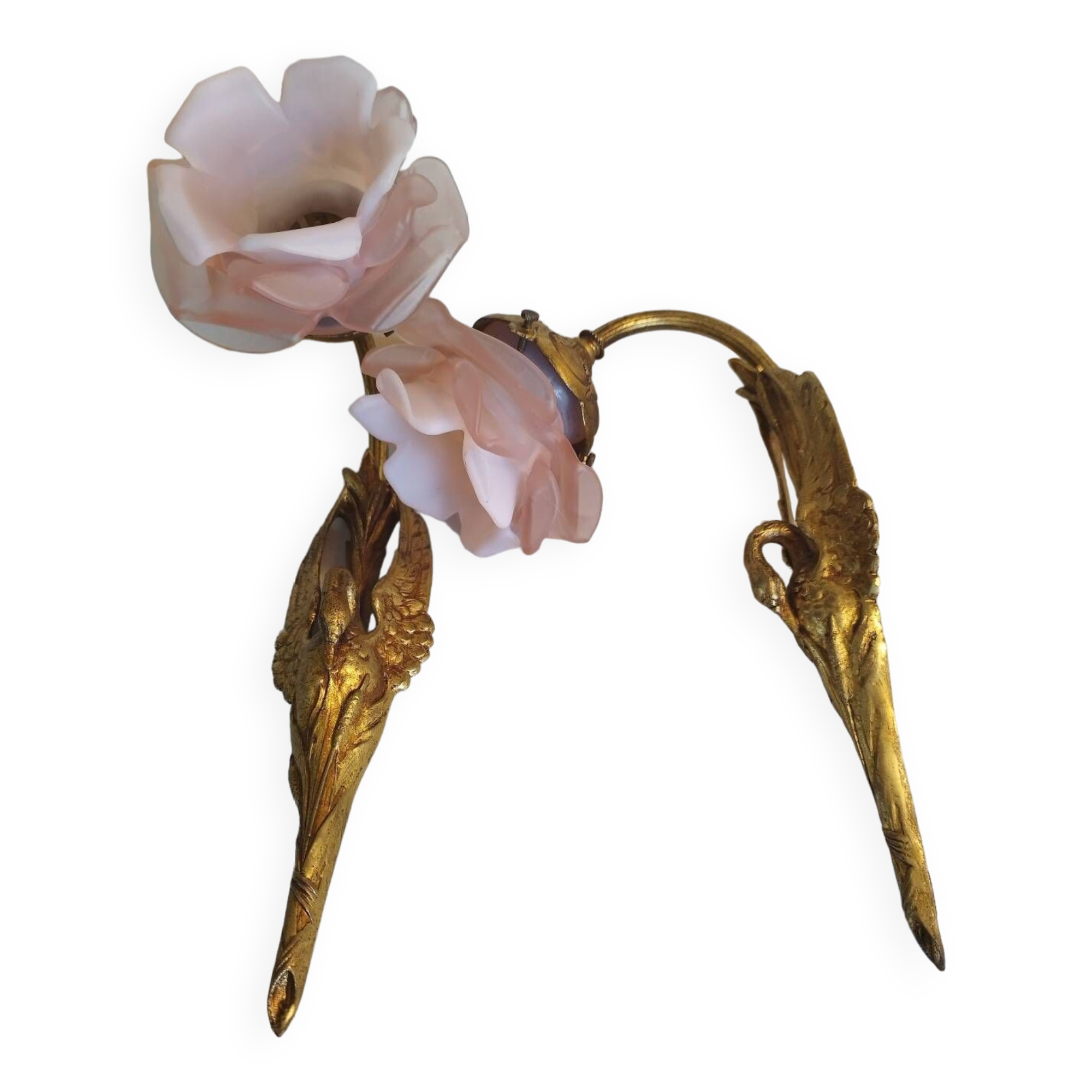Pair of bronze swan and pink tulip wall lights in glass paste