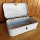 Vintage bread box - white enamel and brass - retro