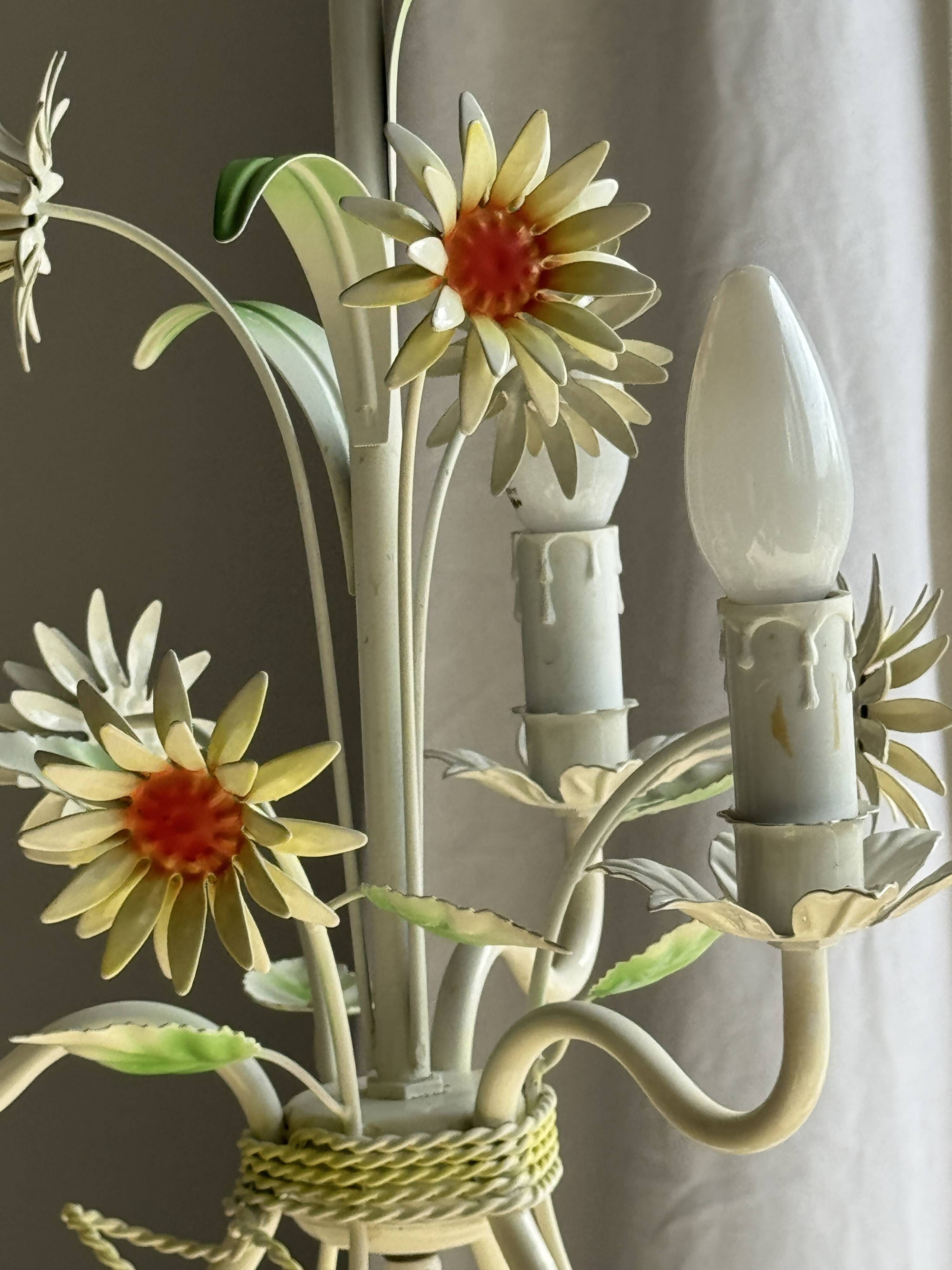 Small vintage cream metal flower chandelier with orange flowers and 3 arms.