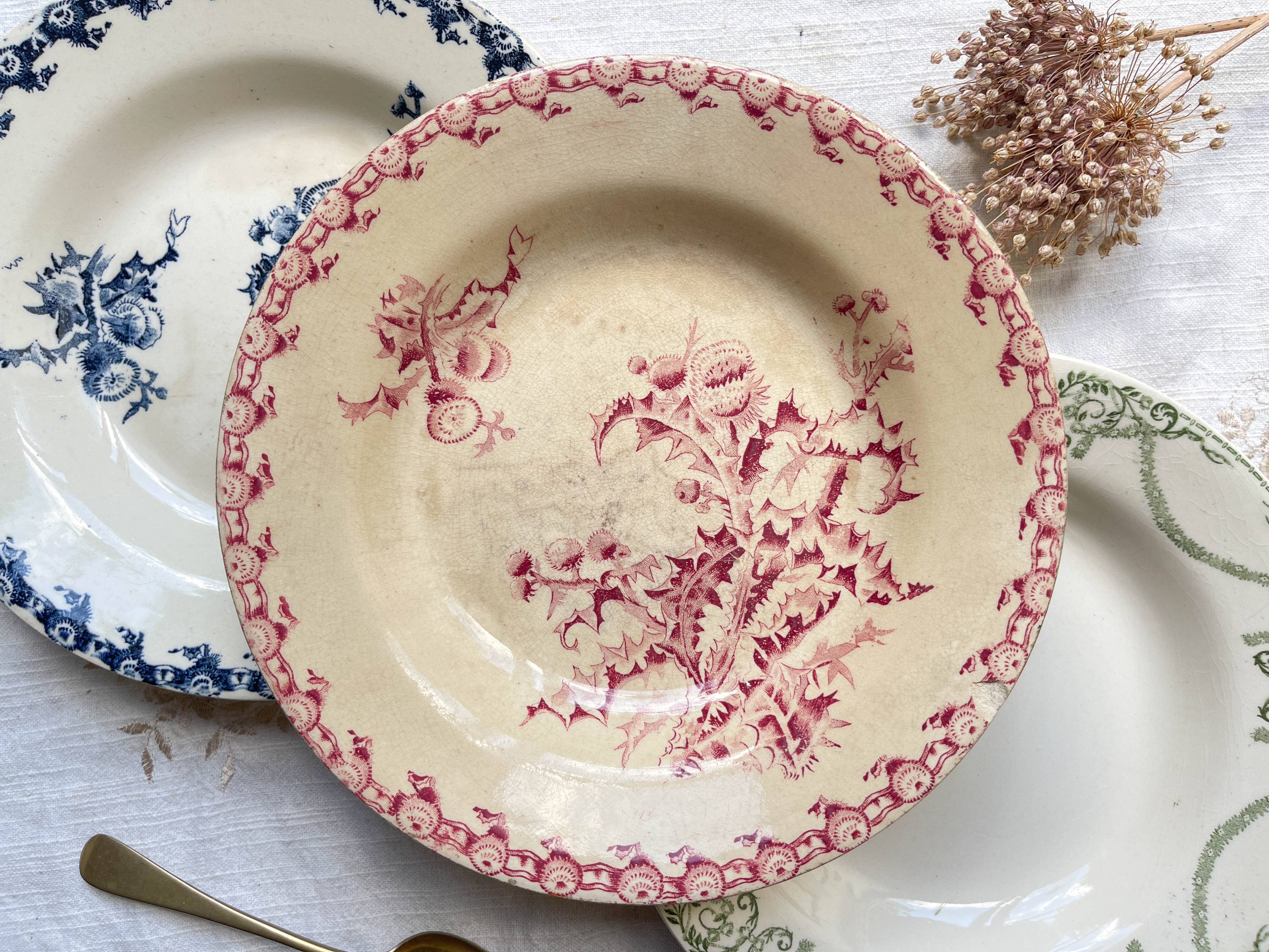 10 mismatched vintage soup plates in blue, green, and red ironstone