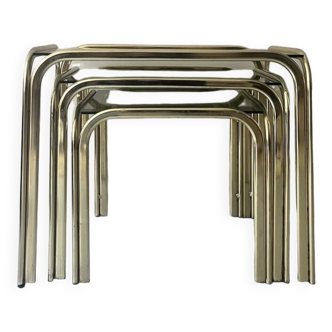 Tables gigognes italiennes en laiton et verre fumé, ensemble de 3, 1970