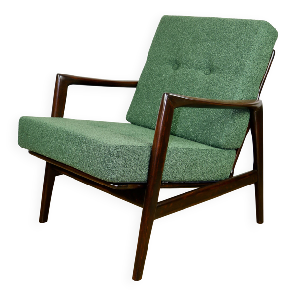 Fauteuil PRL ''Stefan'' en bois vintage vert bouclé - 2 pièces disponibles