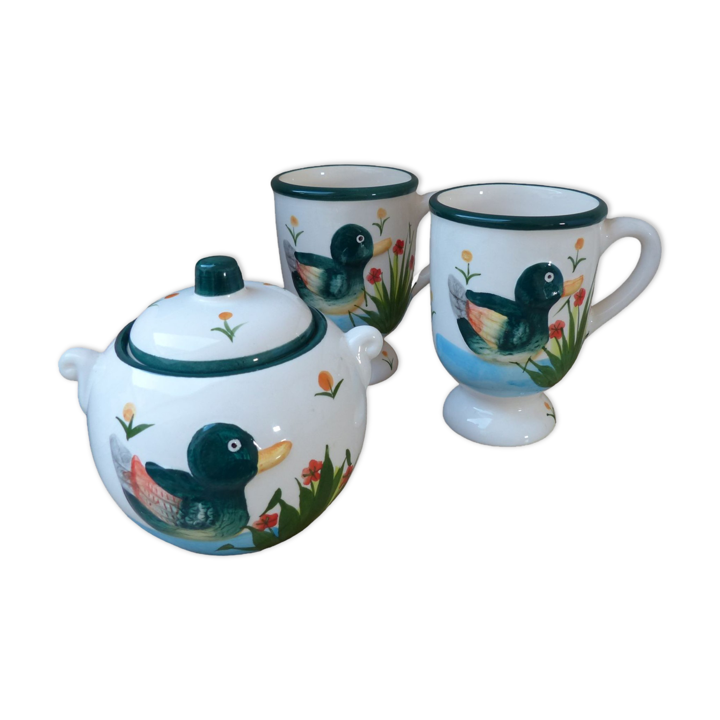 Sugar set and duo mugs, two ceramic cups decoration ducks birds green and yellow painted