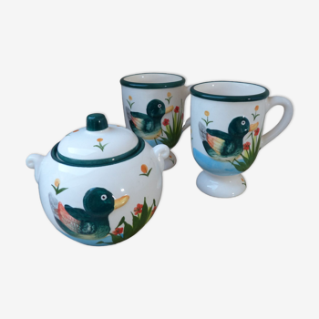 Sugar set and duo mugs, two ceramic cups decoration ducks birds green and yellow painted