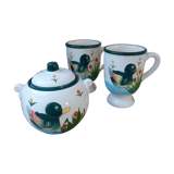 Sugar set and duo mugs, two ceramic cups decoration ducks birds green and yellow painted