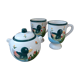 Sugar set and duo mugs, two ceramic cups decoration ducks birds green and yellow painted
