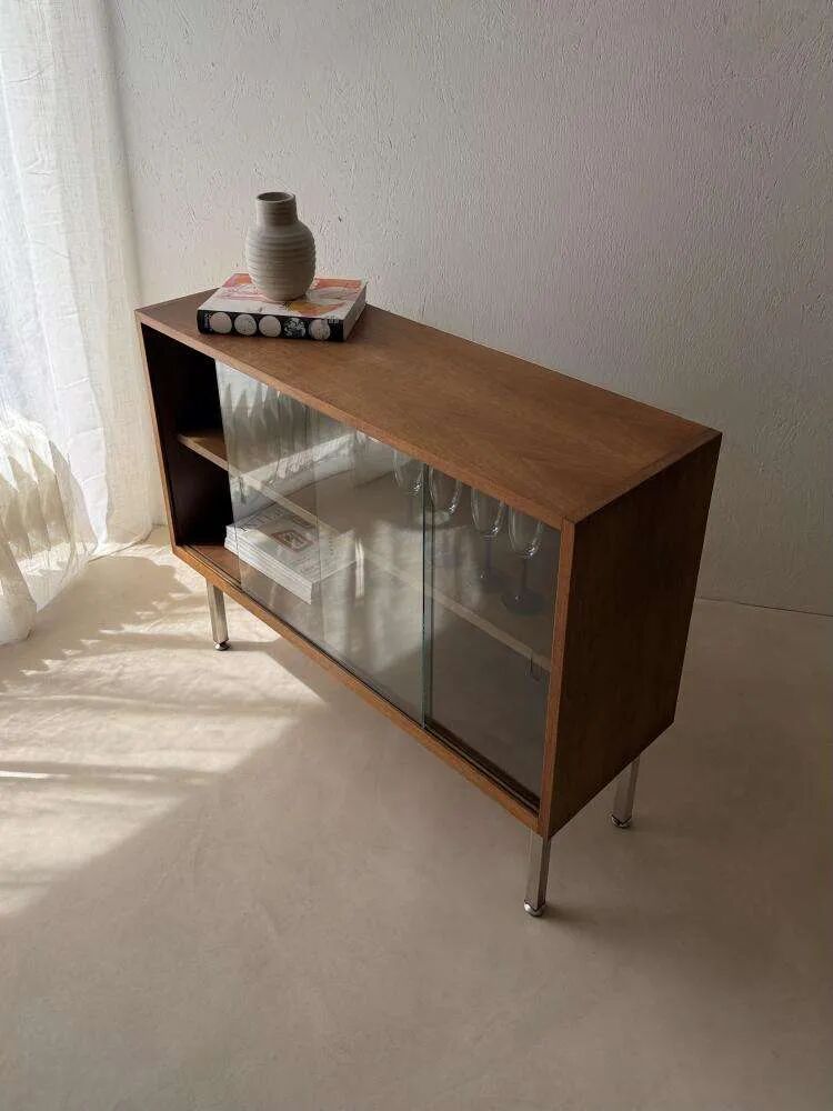 Walnut display cabinet from the 60s with smoked glass