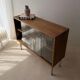 Walnut display cabinet from the 60s with smoked glass