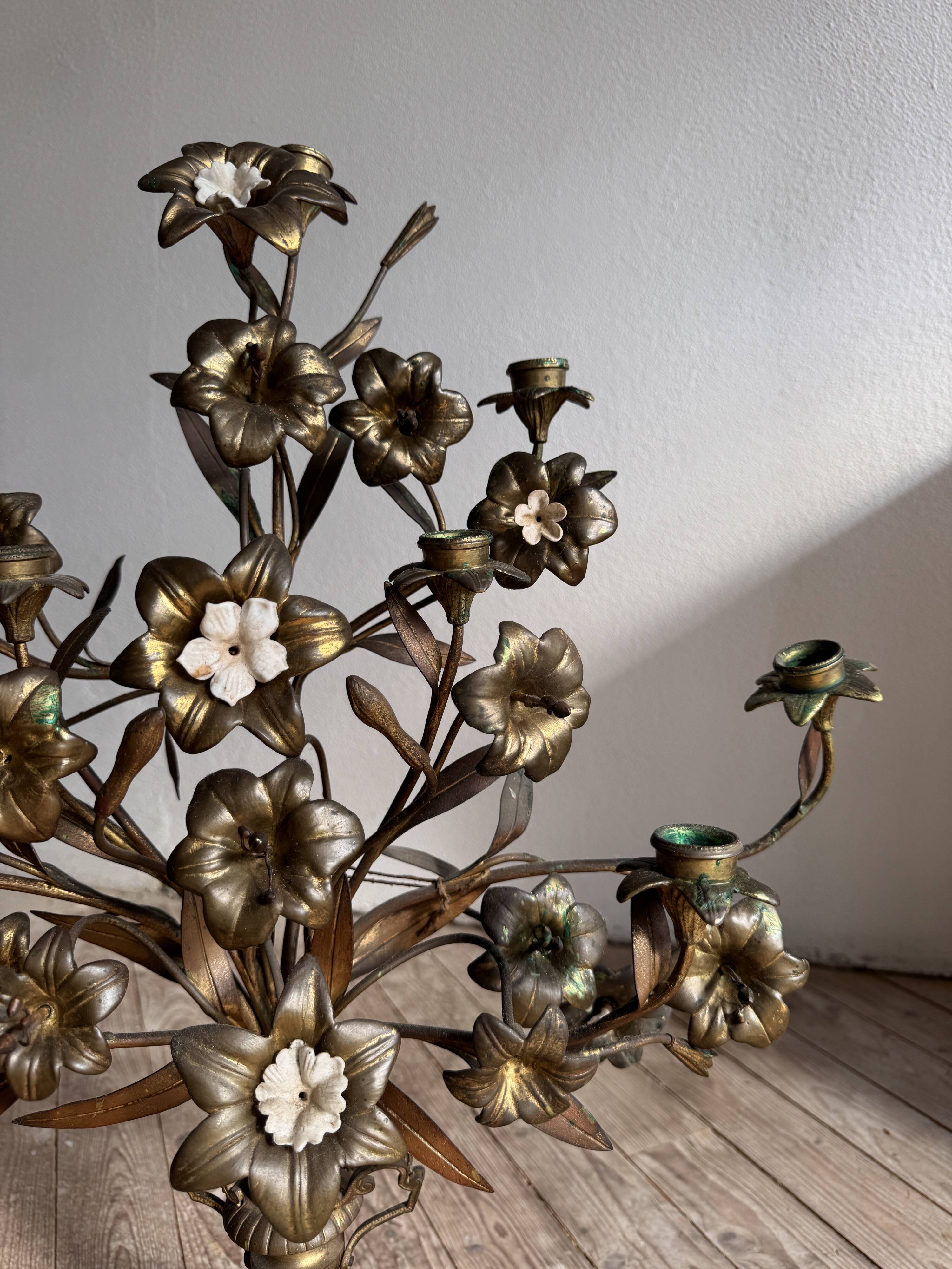 Pair of large 9-light altar candelabra, 19th century, in bronze and brass