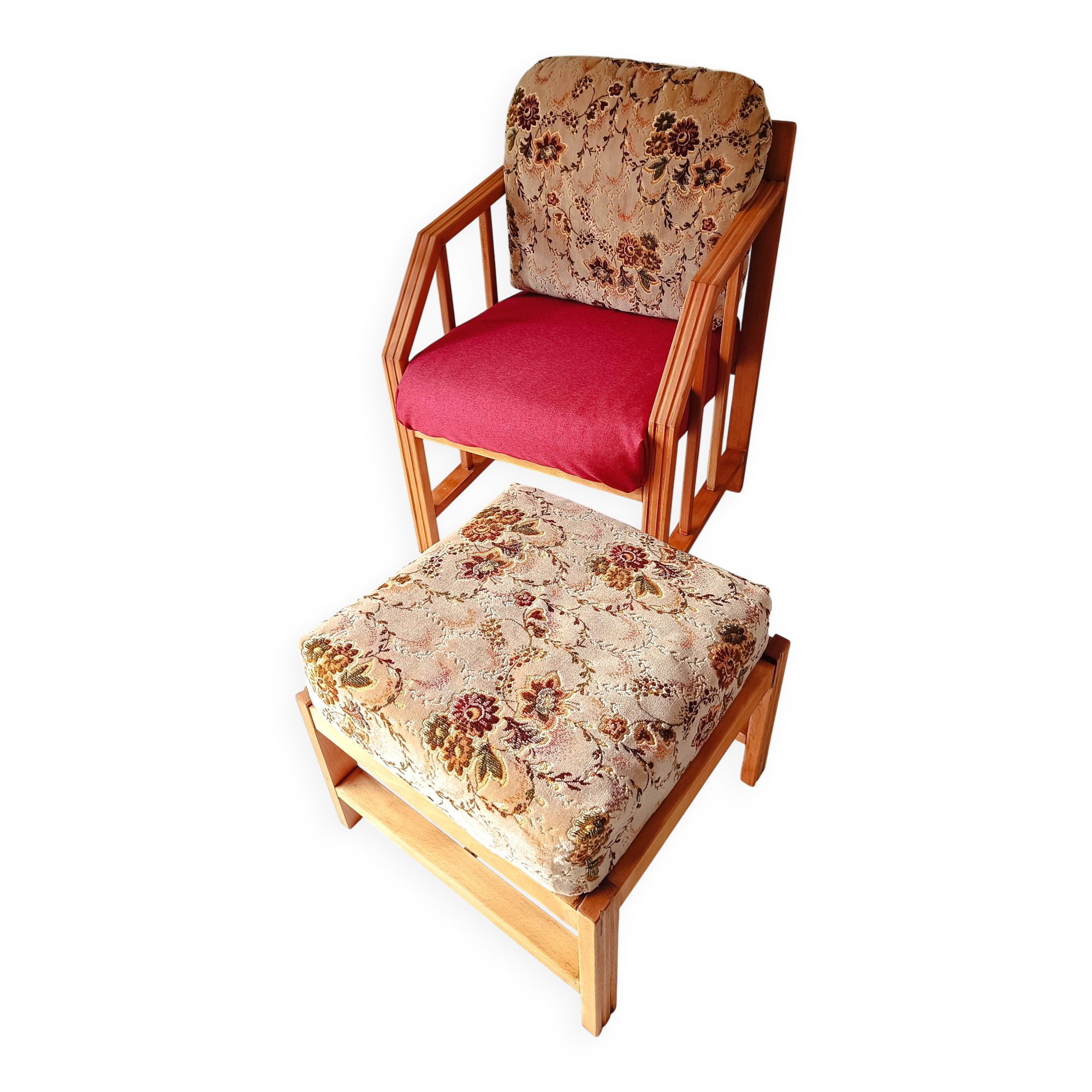 Vintage solid wood armchair and footstool