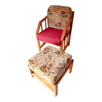 Vintage solid wood armchair and footstool