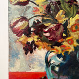 Bouquet of flowers on a red tablecloth, knife on a board, signed Renzo.