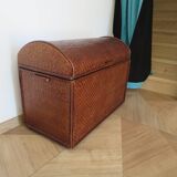 Vintage storage chest - curved - woven rattan - 1970s - mahogany colour