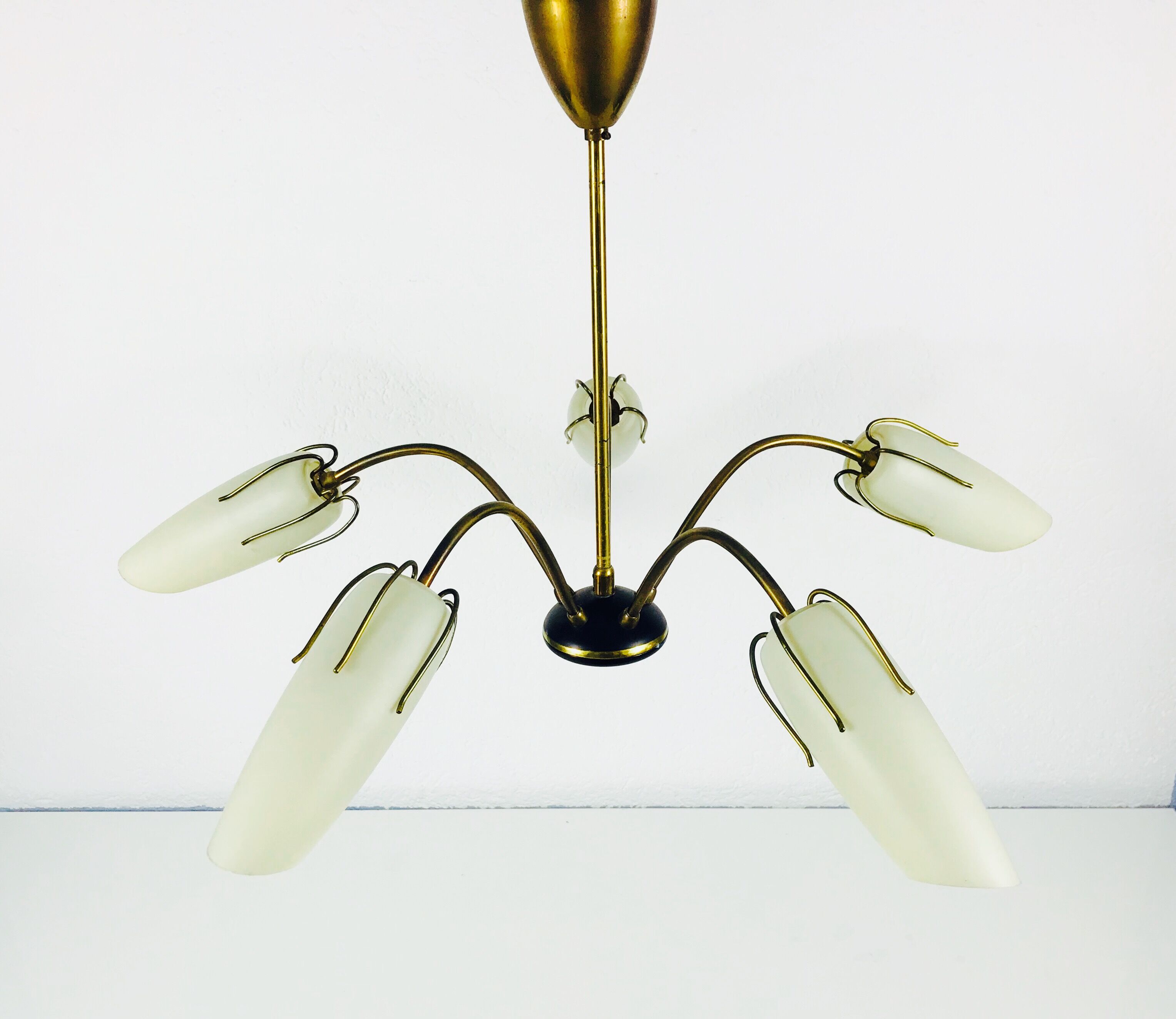 Mid century modern 5-arm opaline glass chandelier, 1950s