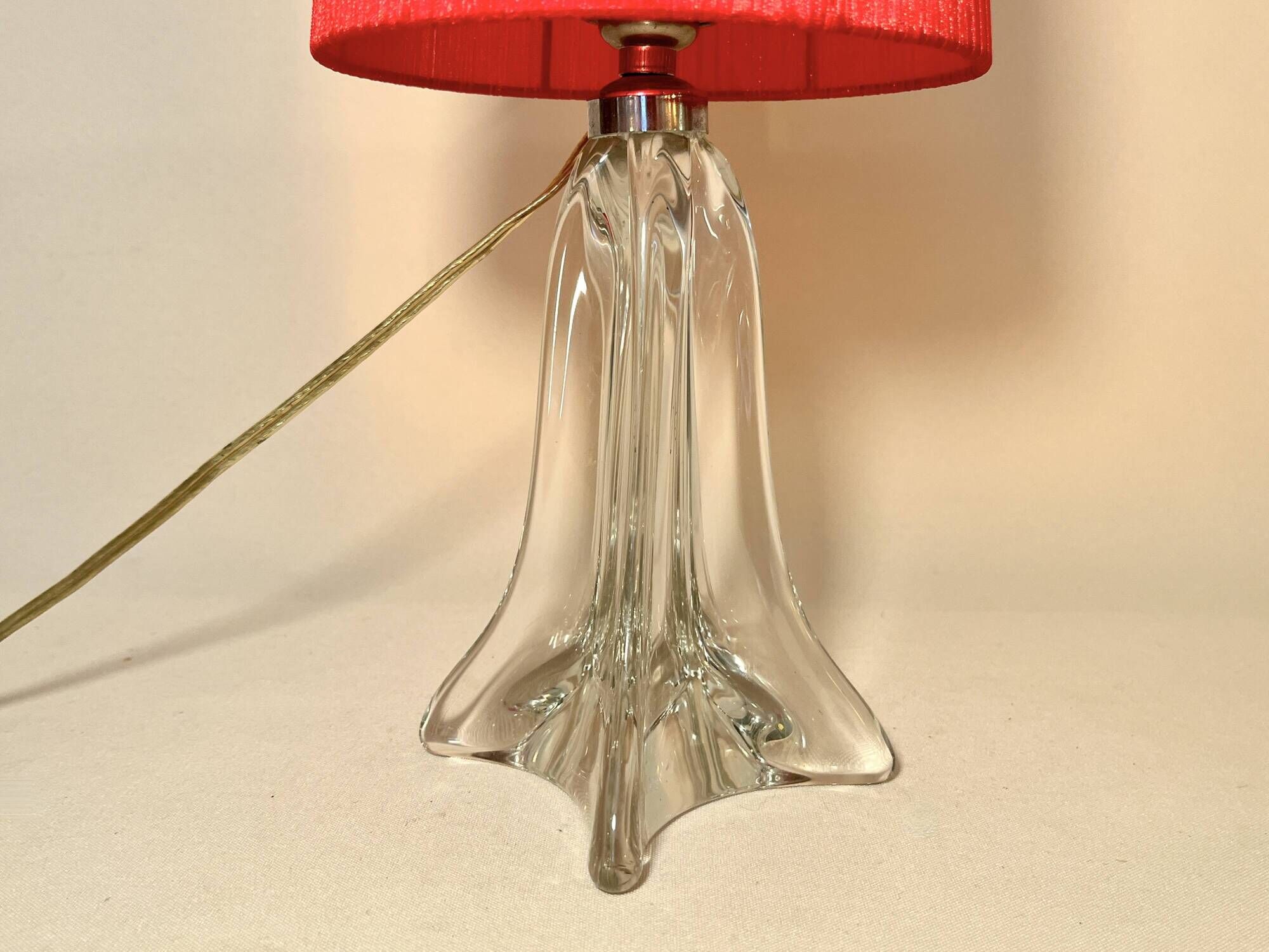 Vintage crystal lamp base with red pleated organza ribbon shade 1940